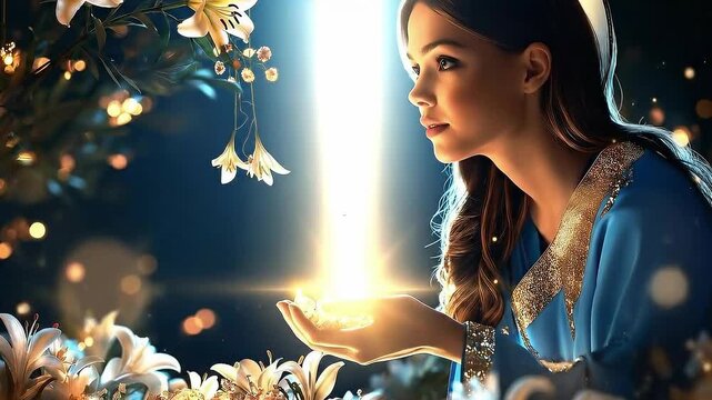 Beautiful Young Woman in Blue Robe Receiving Divine Heavenly Light Amidst Glowing Lilies in an Ethereal Night Garden