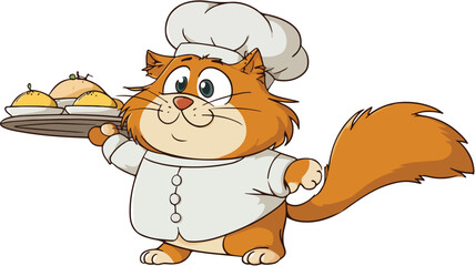 Cute Cartoon Chef Cat Carrying Food Tray Vector with Outline Isolated