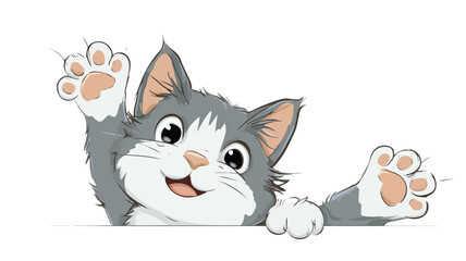 Adorable Cartoon Cute Cat Waving on White Background Vector with Outline