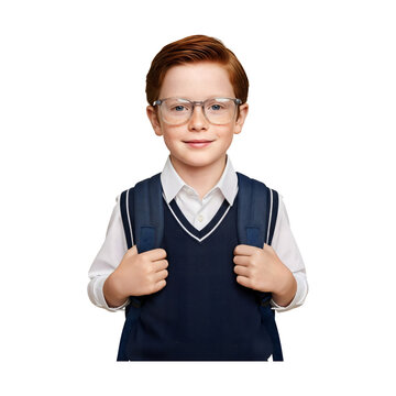 Happy Young School Boy Wearing Uniform and Carrying Blue Backpack