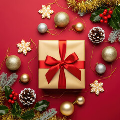 Festive Christmas Gift Box Surrounded by Ornaments and Pinecones.
