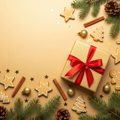 Festive Christmas Gift Box with Ornaments and Pine Branches.