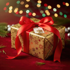 Festive Christmas Gift Box with Red Ribbon and Bokeh Lights.