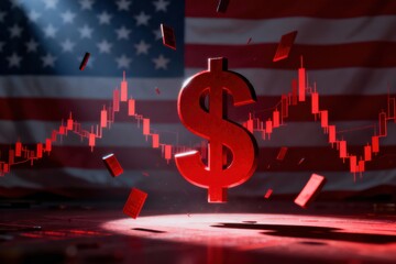Dramatic image symbolizing economic downturn in the United States, with a falling dollar sign.