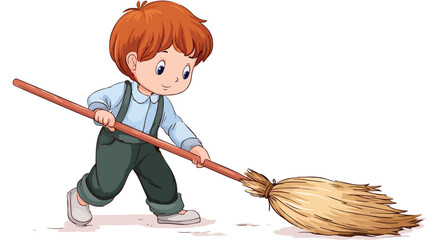 Young Boy Sweeping Floor Vector Illustration Isolated with Outline