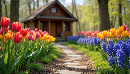 Wooden cabin sits beside flower beds filled with red tulips yellow tulips and blue hyacinths. Stone path winds through colorful blooming garden surrounded by green trees in spring.