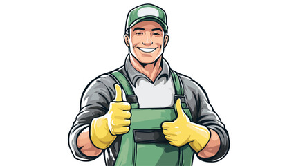 Professional Cleaning Worker Showing Thumbs Up Pose Vector Illustration