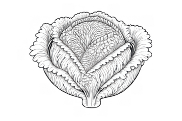 Cabbage vegetable head detailed black and white etching illustration on transparent background, organic food drawing