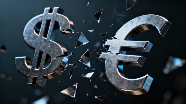 Conceptual image depicting a financial crisis with a broken dollar and euro symbol closeup. - Powered by Adobe