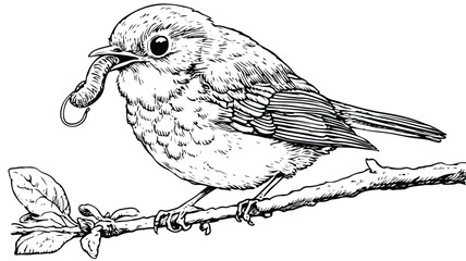 Adorable Bird Feeding Behavior Pulling Worm from Ground Vector Illustration