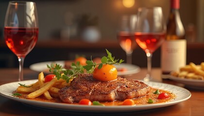 Juicy grilled steak entree with french fries served with red wine in a dimly lit upscale restaurant setting. Perfect for food blogs, culinary magazines, and restaurant promotions.