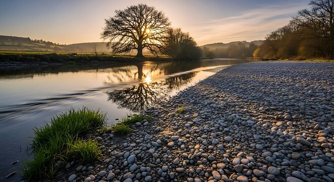 River Lune at sunrise, Kirkby Lonsdale, England, UK.