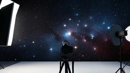 Camera on a tripod in a studio setting with a galaxy backdrop.
