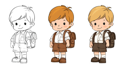 Adorable School Boy Vector with Outline Isolated on White Background