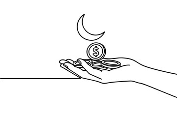 Minimalist Line Art Hands Holding Coins with Crescent Moon Symbolizing Charity