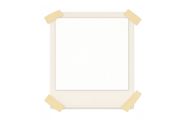 Blank instant film frame mockup with white paper affixed by adhesive tape, creating vintage nostalgia on a transparent background