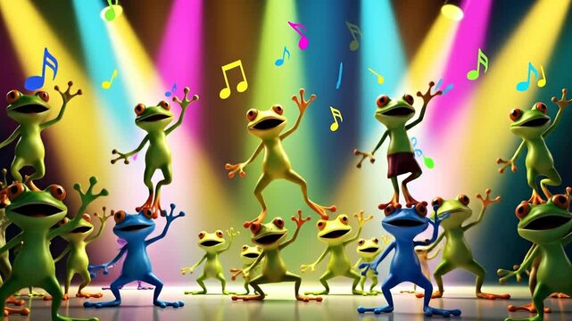 A vibrant group of animated frogs dancing on a colorful stage.