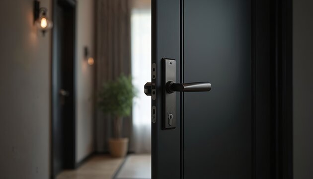 Modern black armored apartment door ajar. Close up on metal handle and mortise lock. Home privacy and security concept. Residential entrance detail.