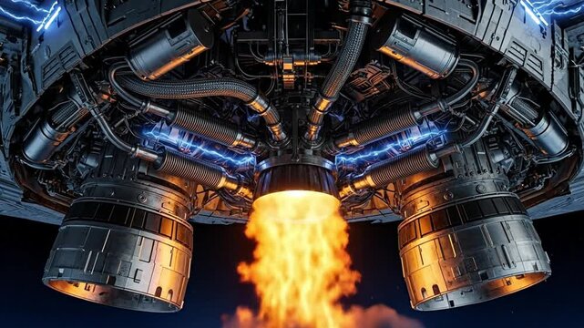 Futuristic rocket engine with flames and technology in dynamic action.