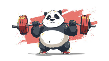 Strong Panda Cartoon Lifting Big Barbell Vector Illustration with Outline Isolated