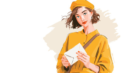 Professional Postgirl Posing and Holding Envelope Vector with Outline Isolated