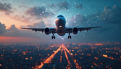 Airplane flies over city at dusk with glowing network lines. Global travel and communication concept. Modern aviation flies above urban landscape at twilight.