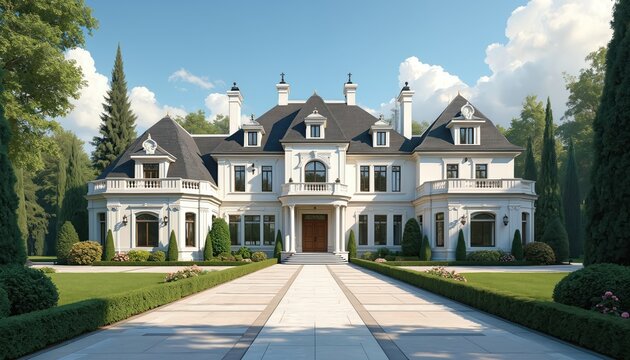 Elegant white mansion with French mansard roof sits behind manicured lawn, formal garden. Large manor home features ornate facade, balcony, tree-lined driveway. Grand estate represents luxury living.