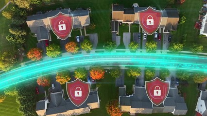 Aerial of American houses with a broken security graphic symbolizing cybersecurity risk and firewall breach with stolen data