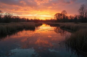Fototapeta premium Wetland with dry reeds reflects fiery orange sunset sky. Bare trees stand silhouetted on horizon. Calm water mirrors clouds and light in early spring evening scene.