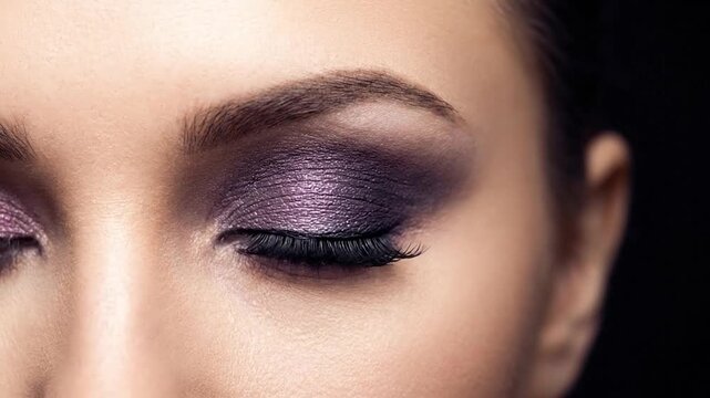 Close-up of a womans eye with dramatic purple eyeshadow and long eyelashes, showcasing beauty and makeup artistry.