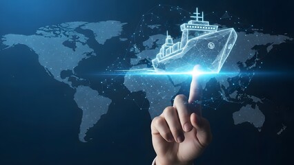 Global shipping logistics concept Hand touches a glowing digital world map and cargo ship, illustrating modern international trade and tech-driven supply chain