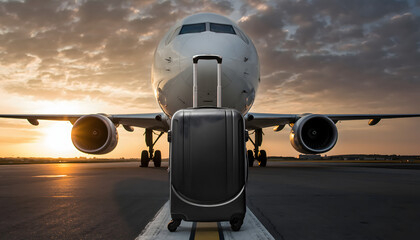 Black Suitcase In Front of Airplane Runway