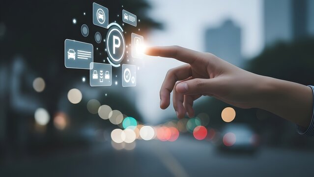 Hand interacting with innovative smart parking system, exploring digital solutions for urban mobility and efficient transport management in a blurred city background