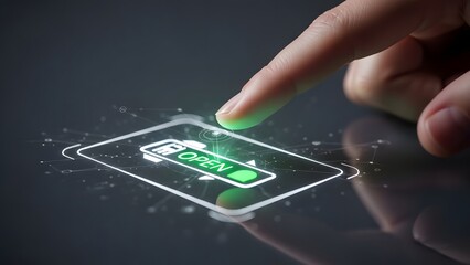 Finger touching a glowing digital screen displaying an open sign on a modern interface