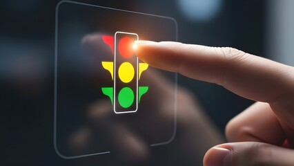 Illuminated traffic signal icon with a finger touching the red light, representing a decision point or stop