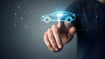 Fototapeta premium Futuristic Car Interface Touching a Glowing Blueprint of a Vehicle