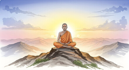 Obraz premium Peaceful Buddhist Monk Meditating atop Mountain Peak at Sunrise, Serene Spiritual Enlightenment Landscape Illustration