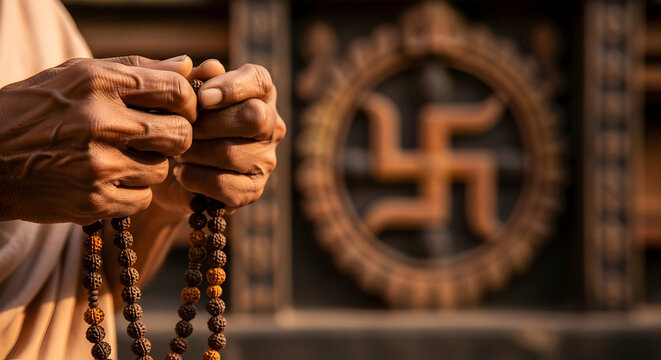Close‑Up Monk Hands Counting Wooden Japa Mala Prayer Beads Before Temple Swastika Symbol, Spiritual Meditation Illustration