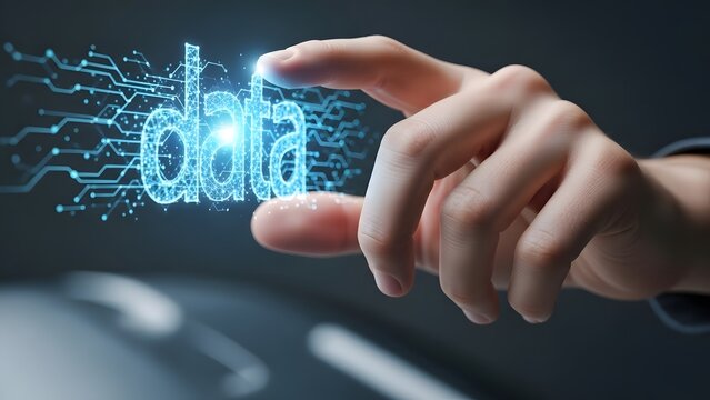 Hand interacting with glowing digital data network, illustrating the concept of information technology and digital transformation in business and science - Powered by Adobe