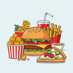 Illustration of delicious fast food items including a cheeseburger french fries and various snacks.