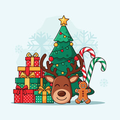 Christmas Tree with Gifts Reindeer Candy Canes and Gingerbread Man.