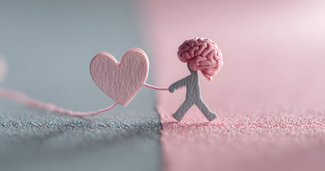 Paper cutout of person with heart and brain connected soft pink and gray tones symbolizing emotional intelligence and mental health awareness