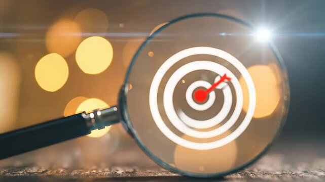 Magnifying glass focuses on concentric target with red arrow hitting the center.