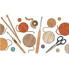 Knitting and Crocheting Supplies with Yarn Balls Needles Hooks Scissors Measuring Tape Buttons.