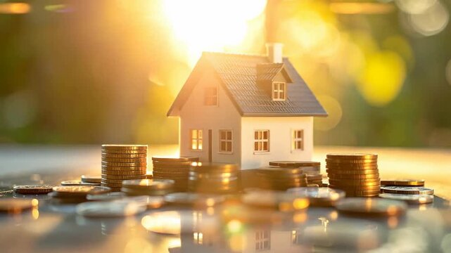 Small house model surrounded by stacks of coins, symbolizing property investment.