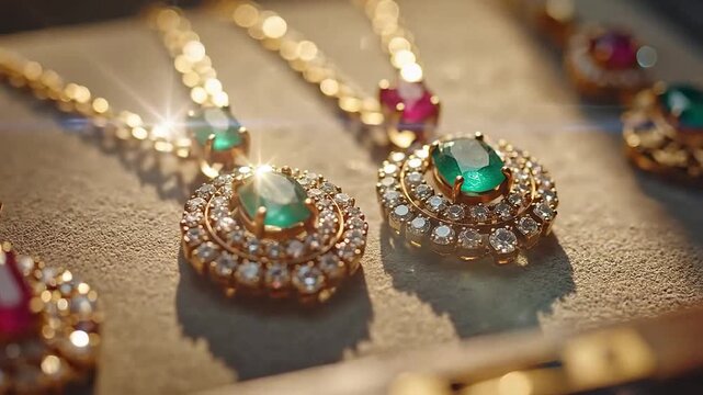 Elegant collection of gold necklaces with colorful gemstone pendants displayed in a luxurious setting.