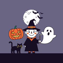 Cute Halloween Witch with Pumpkin Ghost and Black Cat.