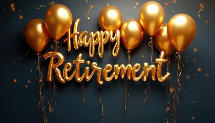 Golden balloons spell out Happy Retirement with falling confetti. Festive celebration for end of work life and new beginnings. Milestone event decor for party.