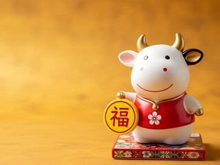 Naklejka premium Cute 3D Lunar New Year Ox Standing with Lucky Coin. Generative Ai