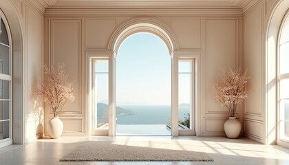 Interior with archway view to ocean and hills. Two vases with dry branches stand near arched windows. Minimalist room decor, neutral color palette, soft light.